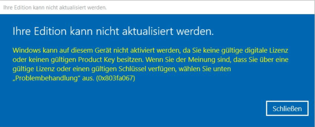 Fehler 0x803fa067 – Digitale Lizenz
